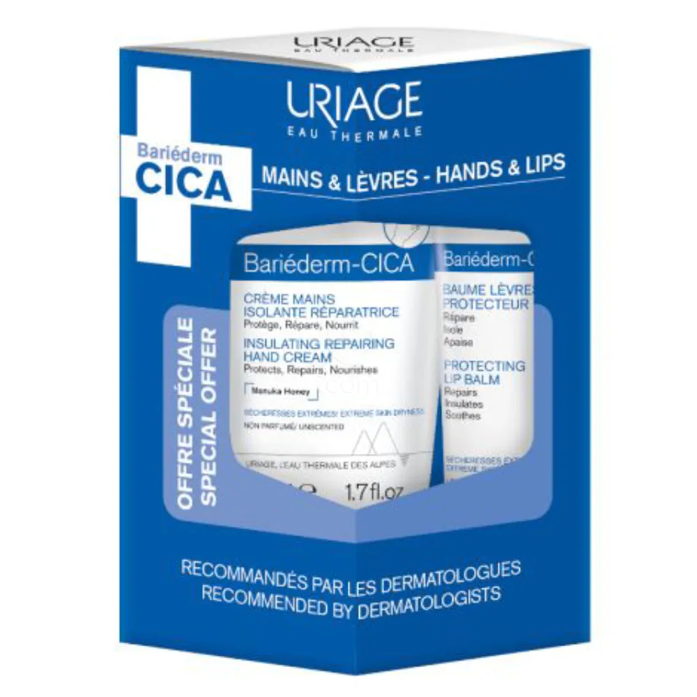 Uriage Bariederm Cica, paket - krema za roke in balzam za ustnice (50 ml + 15 ml)